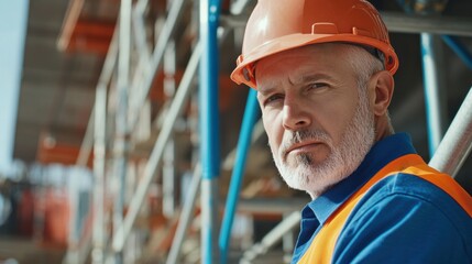 Close-up of a construction safety inspector in an orange hard hat and blue safety vest, inspecting scaffolding and looking at the camera, with a backdrop of scaffold structures and safety equipment