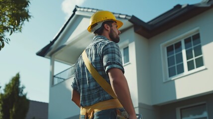 Focused male painter in hard hat applying fresh paint to the exterior of a house