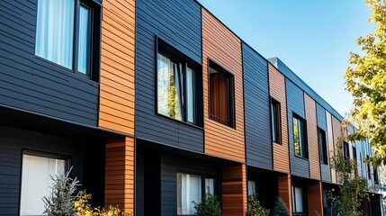 Obraz premium Modern Townhouses With Contrasting Dark And Light Wood Siding, Sleek Windows, And A Sunny Day Backdrop. The Architectural Design Is Sharp And Stylish.