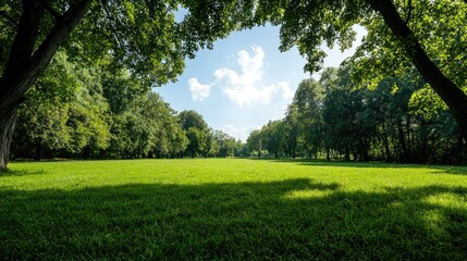 Obraz premium Sunny park landscape, green grass, tree canopy, summer day, nature background