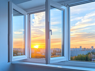 City sunset view from open window