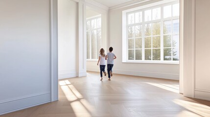 Fototapeta premium Kids running in joy through an new house towards window corridor