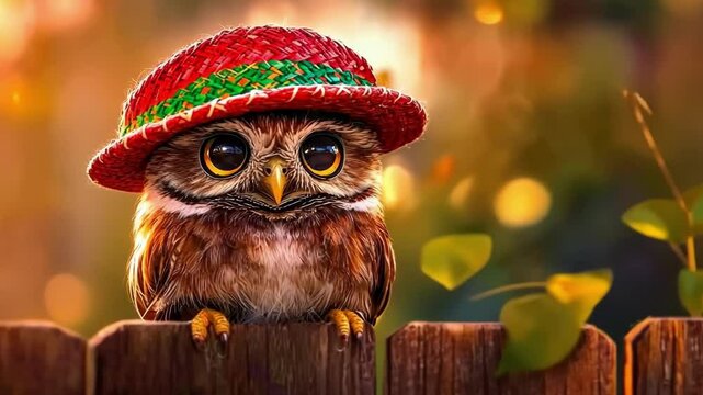 Cute owl wearing a red straw hat perched on a wooden fence at sunset Happy Cinco de mayo