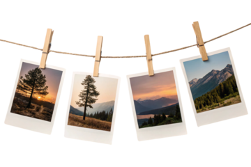 Four scenic Polaroids clipped to a rope. Images feature lone trees, mountains, and sunsets, radiating rustic nostalgia and natural beauty, isolated on a transparent background