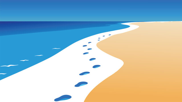 Footprints in the sand on a beach, leading towards the gentle waves of the ocean under a clear blue sky flat vector illustration.