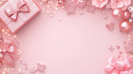 Fototapeta premium Pink Glitter Festive Background with Gifts and Ornaments