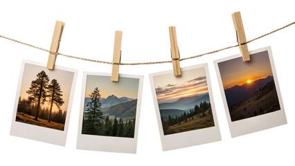 Four Polaroid-style photos clipped to a twine string with wooden clothespins, showing scenic landscapes of mountains, forests, and vibrant sunset skies, isolated on a transparent background