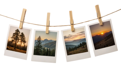 Four Polaroid-style photos clipped to a twine string with wooden clothespins, showing scenic landscapes of mountains, forests, and vibrant sunset skies, isolated on a transparent background