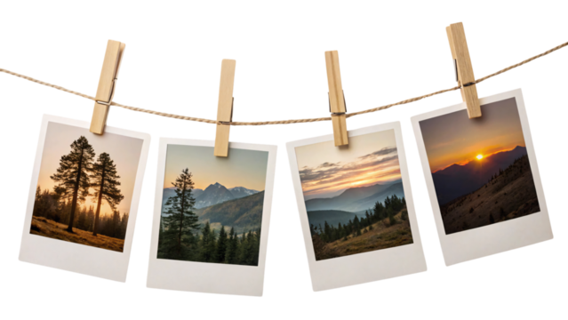 Four Polaroid-style photos clipped to a twine string with wooden clothespins, showing scenic landscapes of mountains, forests, and vibrant sunset skies, isolated on a transparent background