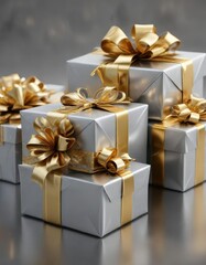 Obraz premium Luxurious gifts wrapped in shimmering silver and gold , silver and gold paper, luxurious, winter wonderland