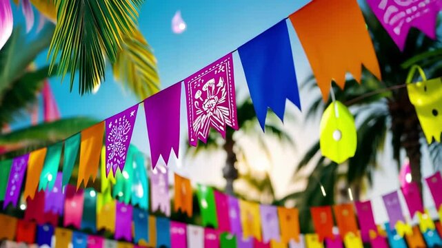Colorful mexican fiesta flags under palm trees during sunset celebration Happy Cinco de mayo