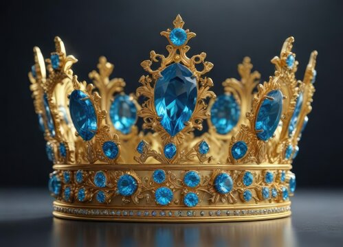 Luxurious golden crown adorned with shining blue topaz, shining, sparkling