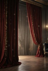 Luxurious velvet curtains lined with glittering gems, opulent, gemstone, curtains