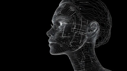 Wireframe Woman Head Profile, Digital Art, Dark Background, AI Concept