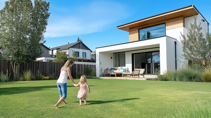 Mother and daughter playing in front of house in the lawn