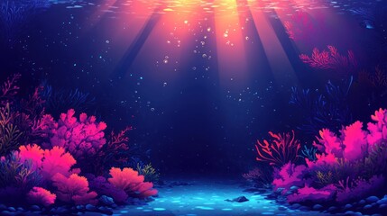 Underwater coral reef scene, sunbeams, ocean floor, vibrant colors, background design