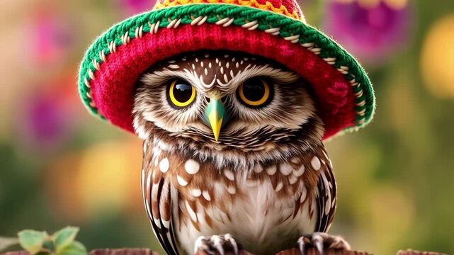 Cute owl wearing colorful hat perched on wooden fence in vibrant garden setting Happy Cinco de mayo