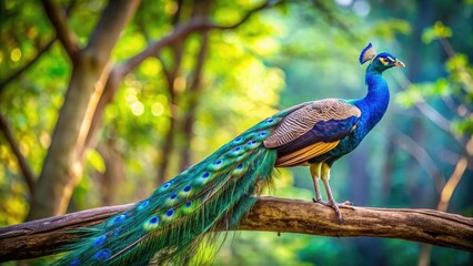 Fototapeta premium Majestic turquoise blue peacock perched on a branch with intricate feathers and vibrant plumage, ornate, colorful