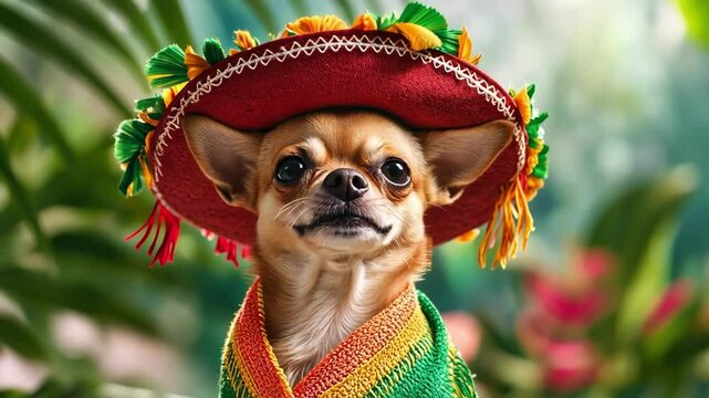 Chihuahua wearing colorful mexican sombrero and serape in lush greenery Happy Cinco de mayo