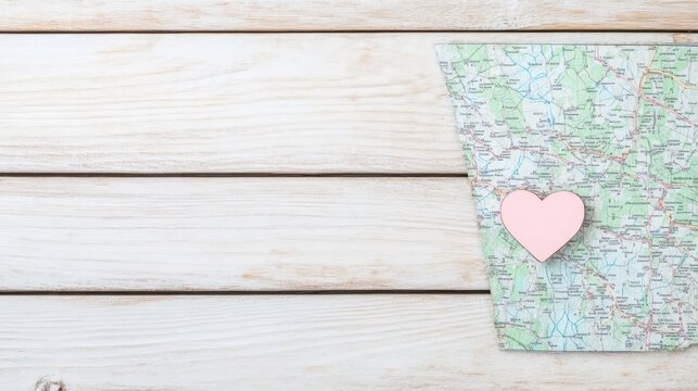 Pink Heart on Map, White Wooden Background Travel Plans