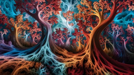 A psychedelic forest, where the trees bend and swirl into fractal patterns, their leaves morphing into colorful spirals