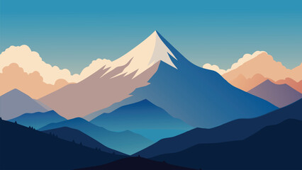 Obraz premium Majestic mountain range partially obscured by soft, white clouds in the sky flat vector illustration