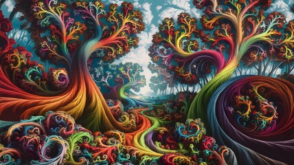 A psychedelic forest, where the trees bend and swirl into fractal patterns, their leaves morphing into colorful spirals