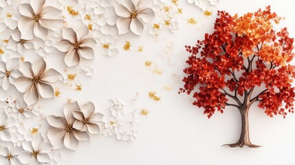 White wall featuring fine bas-relief flower patterns in warm bronze, with a watercolor tree in deep red and gold, isolated on white.