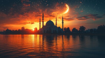 Obraz premium Majestic Mosque at Sunset: A Serene Night