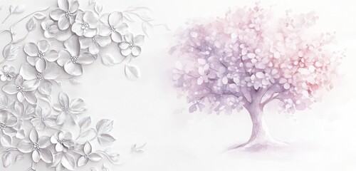 White wall featuring soft silver bas-relief flower patterns, with a large watercolor tree illustration in light pink and lilac tones, isolated on white.