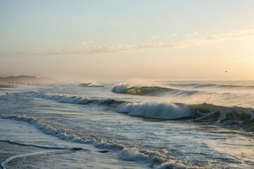 misty dawn over the ocean with waves and sea spray, waves, dawn, misty, water