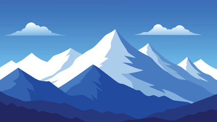  Mountain range under a clear blue sky adorned with fluffy white clouds flat vector illustration