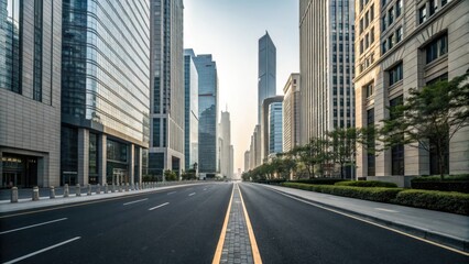 Fototapeta premium Modern city street with an asphalt road flanked by tall skyscrapers on either side, city street, modern architecture, urban sprawl