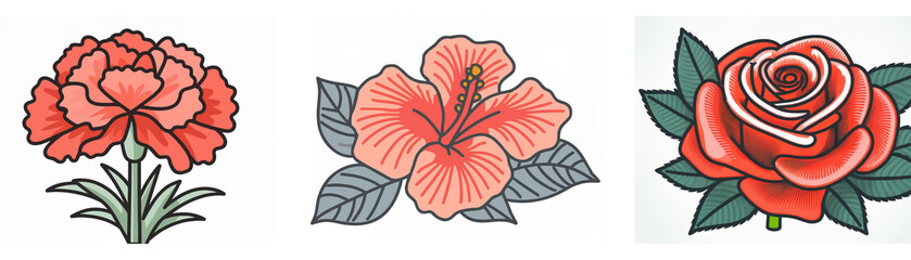 Three illustrations of red flowers: a carnation, hibiscus, and rose.  Each bloom is detailed with its respective leaves.