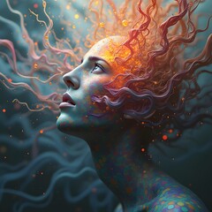 An abstract representation of consciousness, with neural patterns radiating outward in a series of interconnected, flowing lines