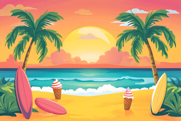Summer Beach Vibes – Palm trees, surfboards, ice cream cones, and sunsets.