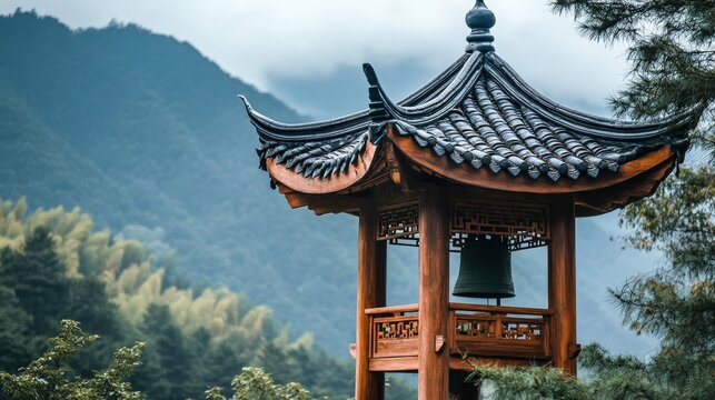 Serene Mountain Pavilion: A traditional Chinese-style pavilion with a dark tiled roof stands serenely against a backdrop of misty mountains and lush bamboo forests. The quiet bell hangs invitingly.