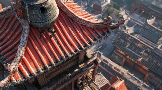 Ancient Chinese Architecture: An overhead shot reveals the intricate details of a traditional Chinese building's red tiled roof, offering a captivating glimpse into a rich architectural heritage.