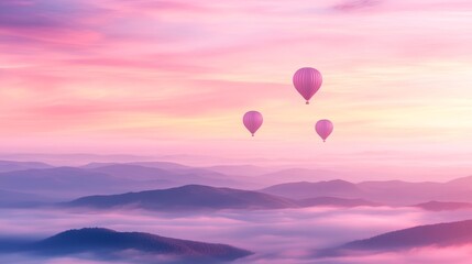 Obraz premium Pink Hot Air Balloons Soaring Over Misty Mountains at Sunrise