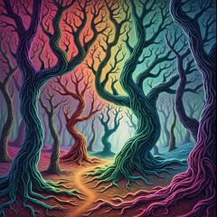 A psychedelic forest, where the trees bend and swirl into fractal patterns, their leaves morphing into colorful spirals