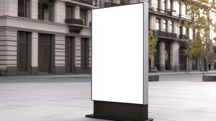 Modern digital display screen on black pedestal in urban plaza, featuring a sleek silver frame and blank screen. Surrounded by stone-faced building, large dark windows, and leafless trees, with light 