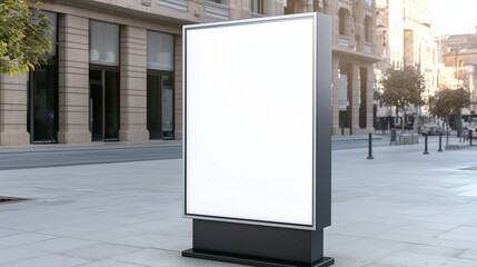Modern digital display screen on black pedestal in urban plaza, featuring a sleek silver frame and blank screen. Surrounded by stone-faced building, large dark windows, and leafless trees, with light 