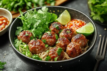 Meatballs, noodles, cilantro, lime, sauce.  Delicious Asian meal