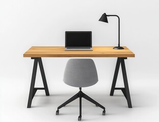 Modern minimalist home office desk setup, laptop, chair, lamp, white background