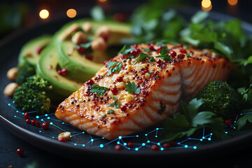 A glowing wireframe of a balanced healthy plate with colorful fruits and vegetables