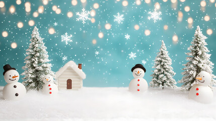 Snowmen in Winter Wonderland with House and Snowy Trees