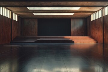 Fototapeta premium An empty dance studio with dark brown walls and black floors. A large stage is at the back of the room, with wooden steps leading up to it.