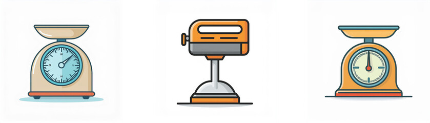 Illustration of three kitchen scales; one vintage style, one modern, and a stand mixer.