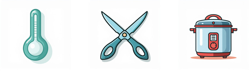 Simple icons depict a thermometer, scissors, and a pressure cooker; suggesting tools for measuring, cutting, and cooking.