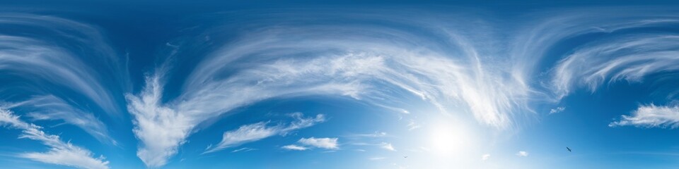 Sky 360 panorama - Bright blue sky filled with fluffy white Cirrus clouds. Seamless hdr spherical 360 panorama. Sky dome, sky replacement for aerial drone 360 panoramas. Weather and climate change